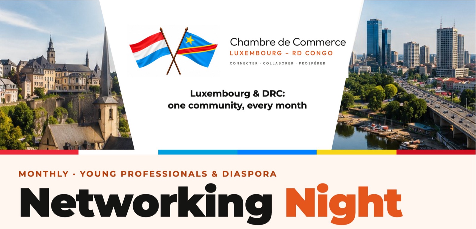 Networking Night, the chamber's monthly evening for young professionals and the diaspora: views of Luxembourg City and Kinshasa around the chamber's logo