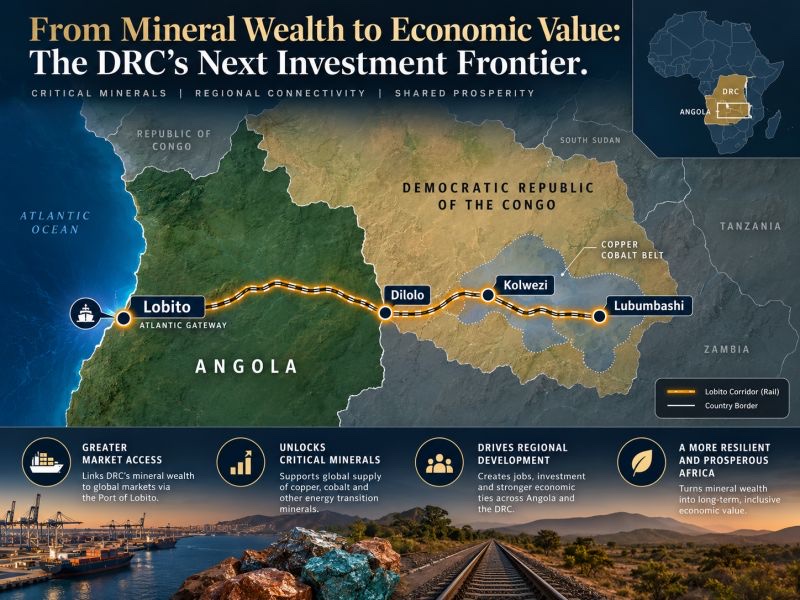 Map of the Lobito Corridor railway linking the DRC's Copperbelt to the Atlantic port of Lobito in Angola