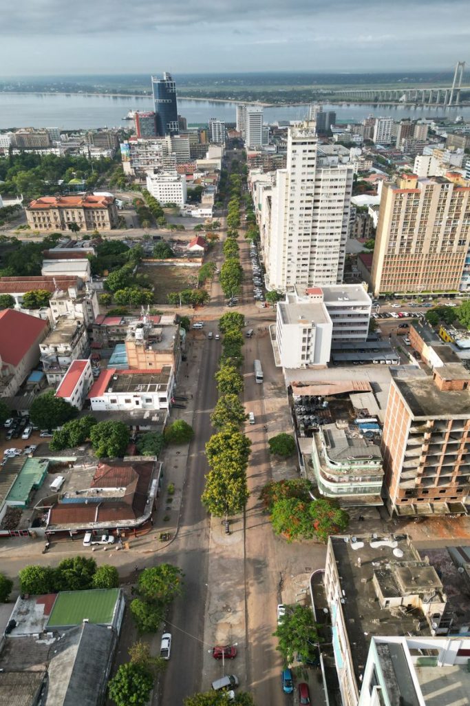 Explore a breathtaking aerial view of Maputo, Mozambique, showcasing its vibrant urban landscape and architecture.